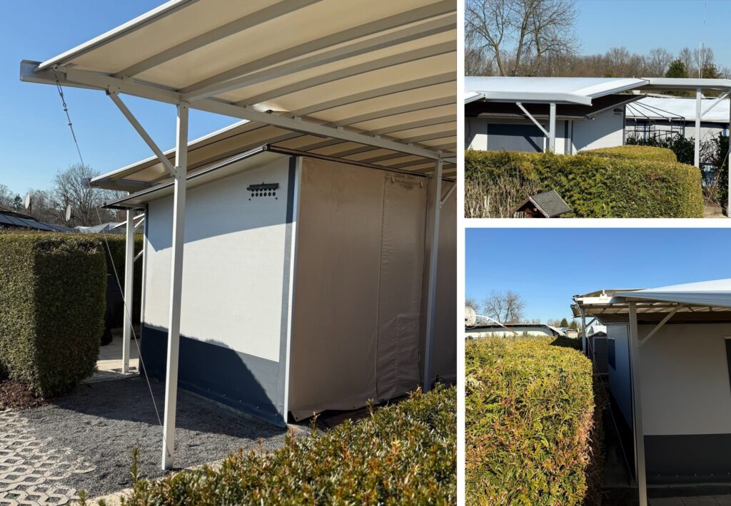 Collage: Schutzdach-Erweiterungen CAMPTOP und TERRATOP am festen Vorzelt