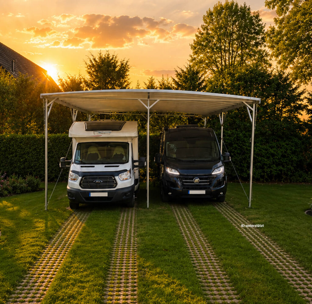 Doppelcarport TWINPORT mit zwei Kastenwagen bei Sonnenuntergang