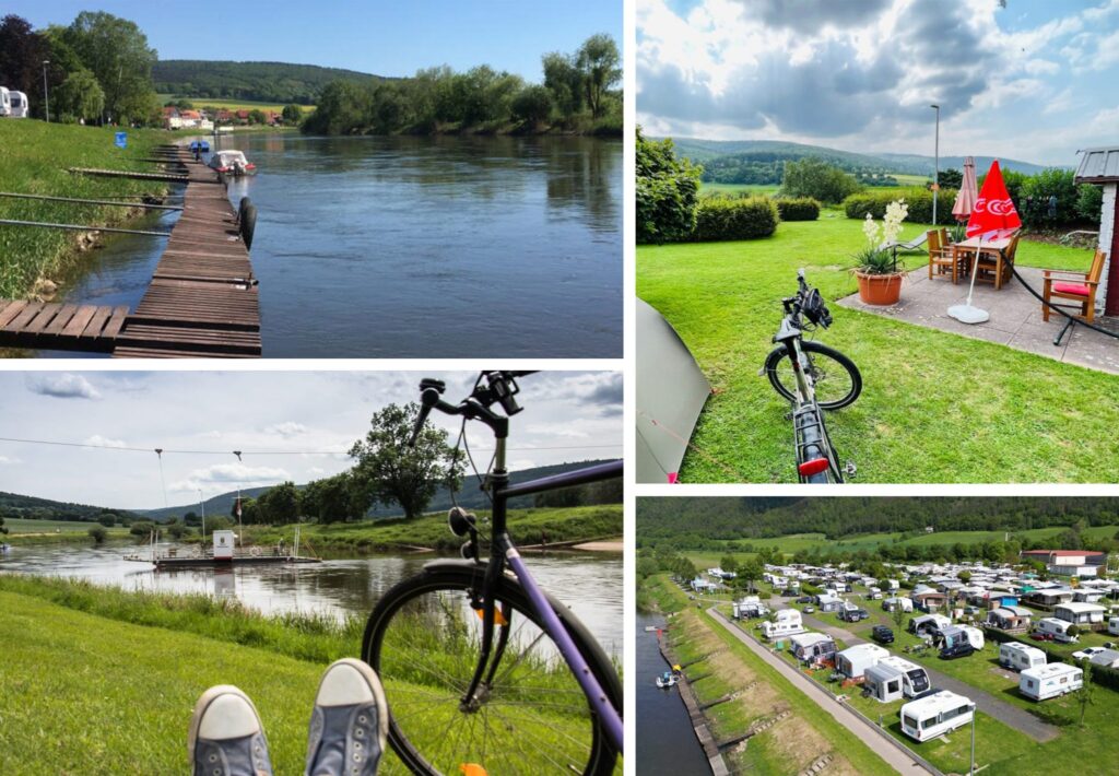 Collage vom Campingplatz Wesertal: Weser mit Steg, Radtour und Stellplätze